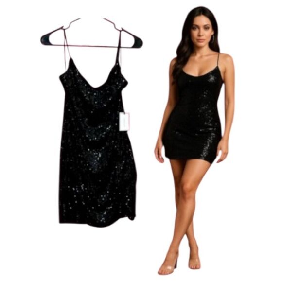 1.STATE Black Sequin Mini Dress Size 8 NWT Party Holiday Cocktail Glam - Picture 1 of 13